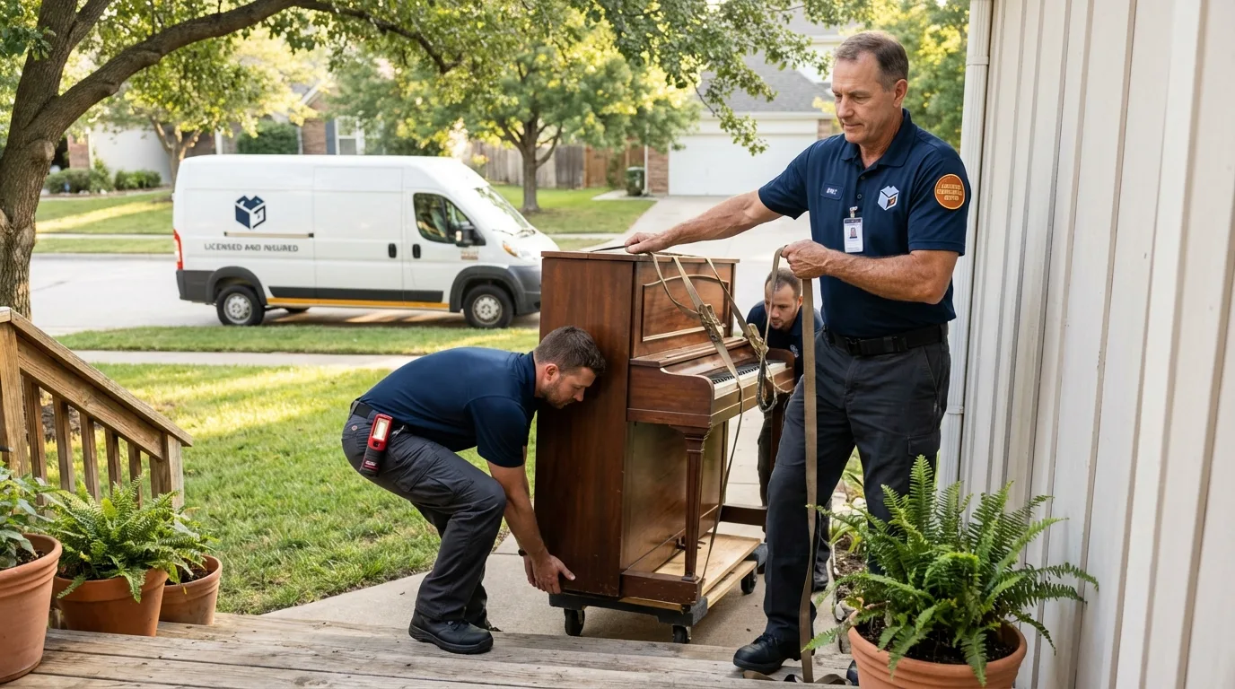 Licensed piano movers securing grand piano in Beachwood, OH