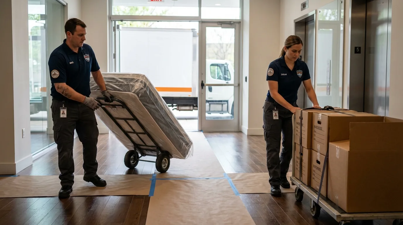 Professional apartment movers loading elevator in Beachwood, OH